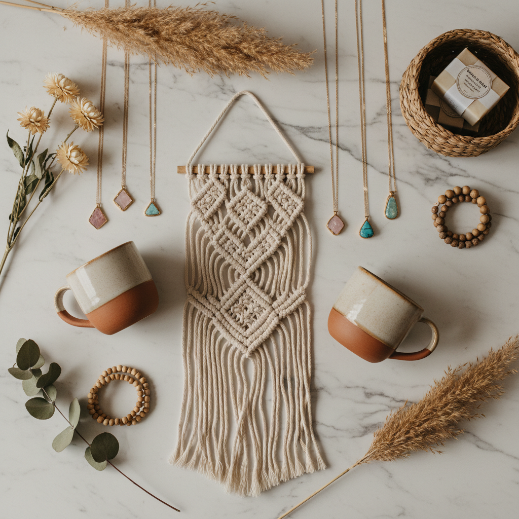 Artisan handmade goods flat lay on a white marble surface — ceramic mugs, macramé wall art, dried flowers, and handmade jewelry. Warm, crafty, aesthetic editorial photo.