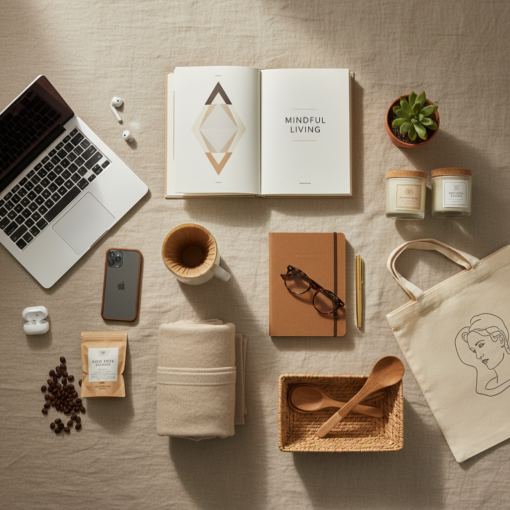 Flat lay of various products on a warm neutral linen background — books, tech gadgets, home goods, and everyday essentials neatly arranged. Clean editorial style, soft natural lighting, muted tones.