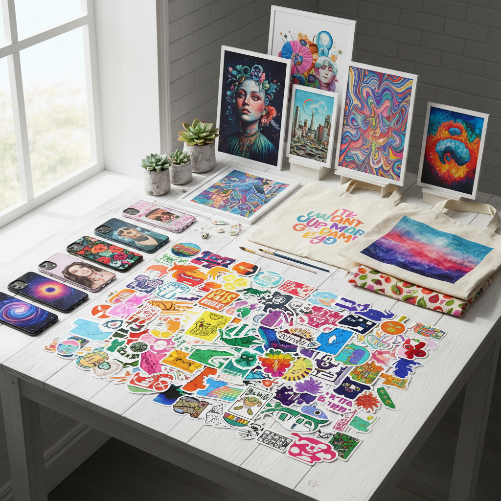 Colorful array of print-on-demand products — stickers, phone cases, tote bags, and art prints spread on a clean white surface. Vibrant, artistic, creative marketplace aesthetic.