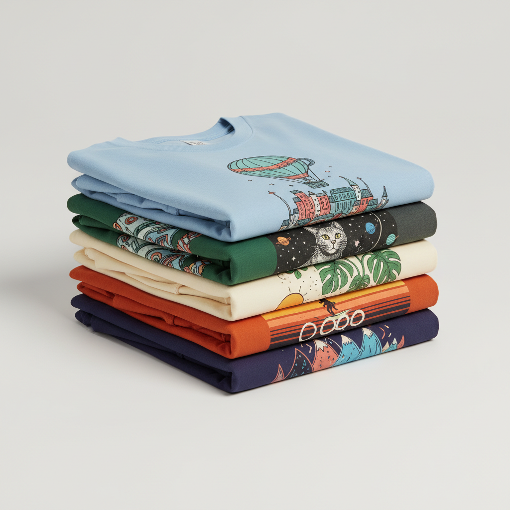 A neatly folded stack of graphic t-shirts in various colors on a light gray background. Artistic, creative designs visible on the tees. Clean, modern product photography.