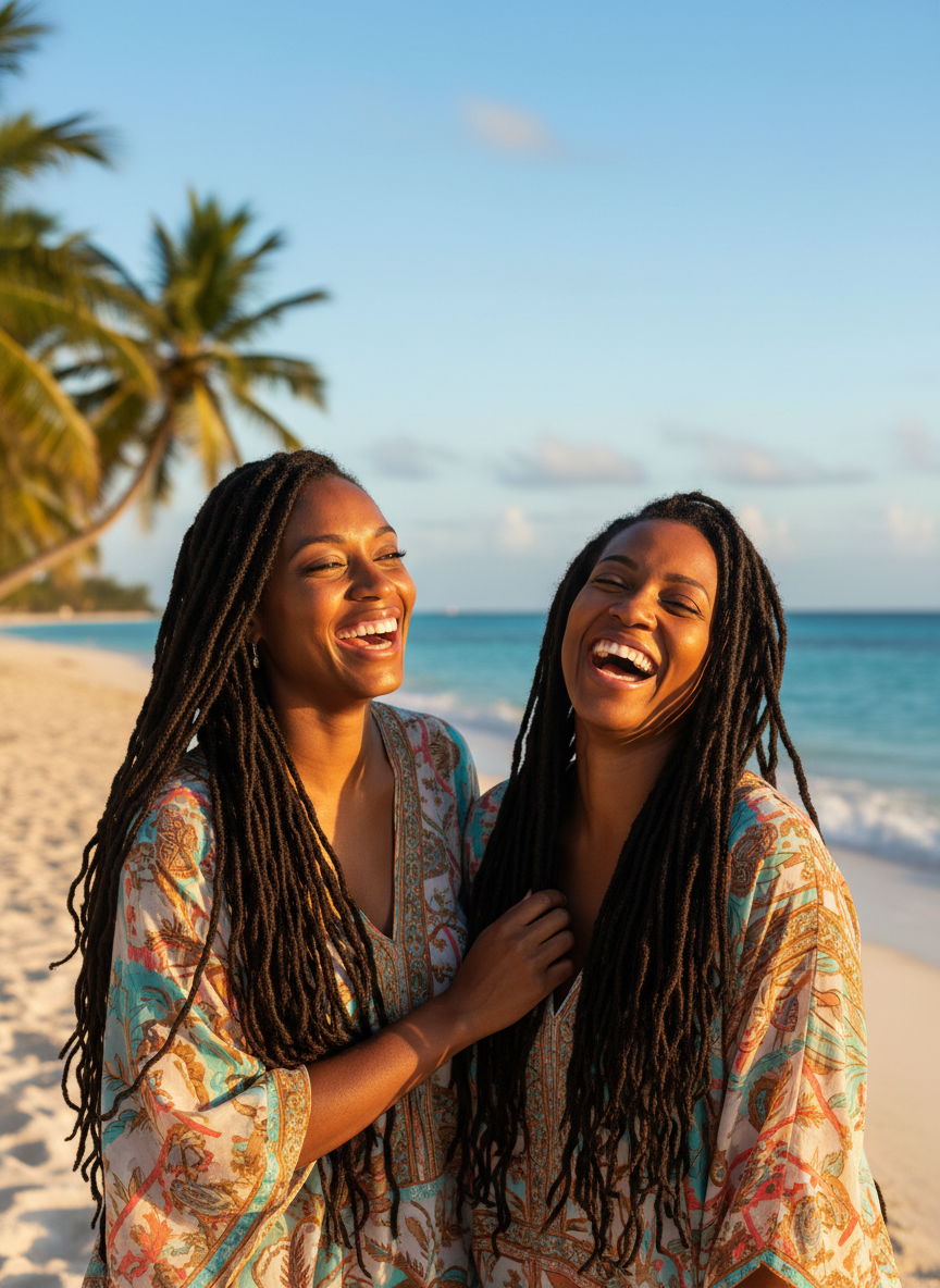 Two Black women with long dreadlocks smiling on a tropical beach, portrait from the chest up