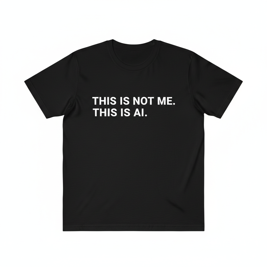 A studio flat lay of a black t-shirt with the words "This is Not Me. This is AI." printed in bold white text on the front. The font is clean and modern. Plain white background. The shirt looks high quality and fashion-forward.