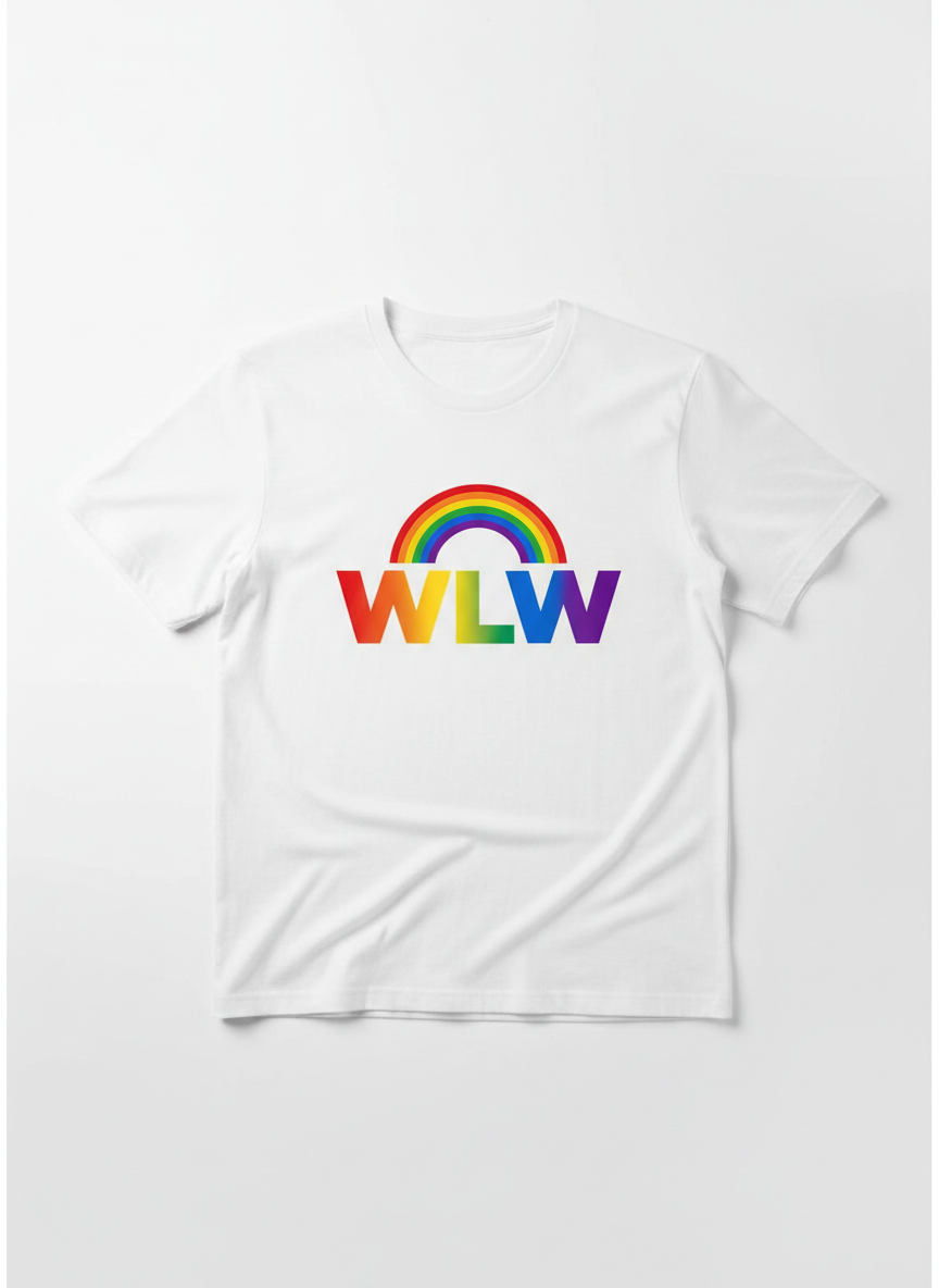 A white t-shirt with WLW letters under a rainbow arc