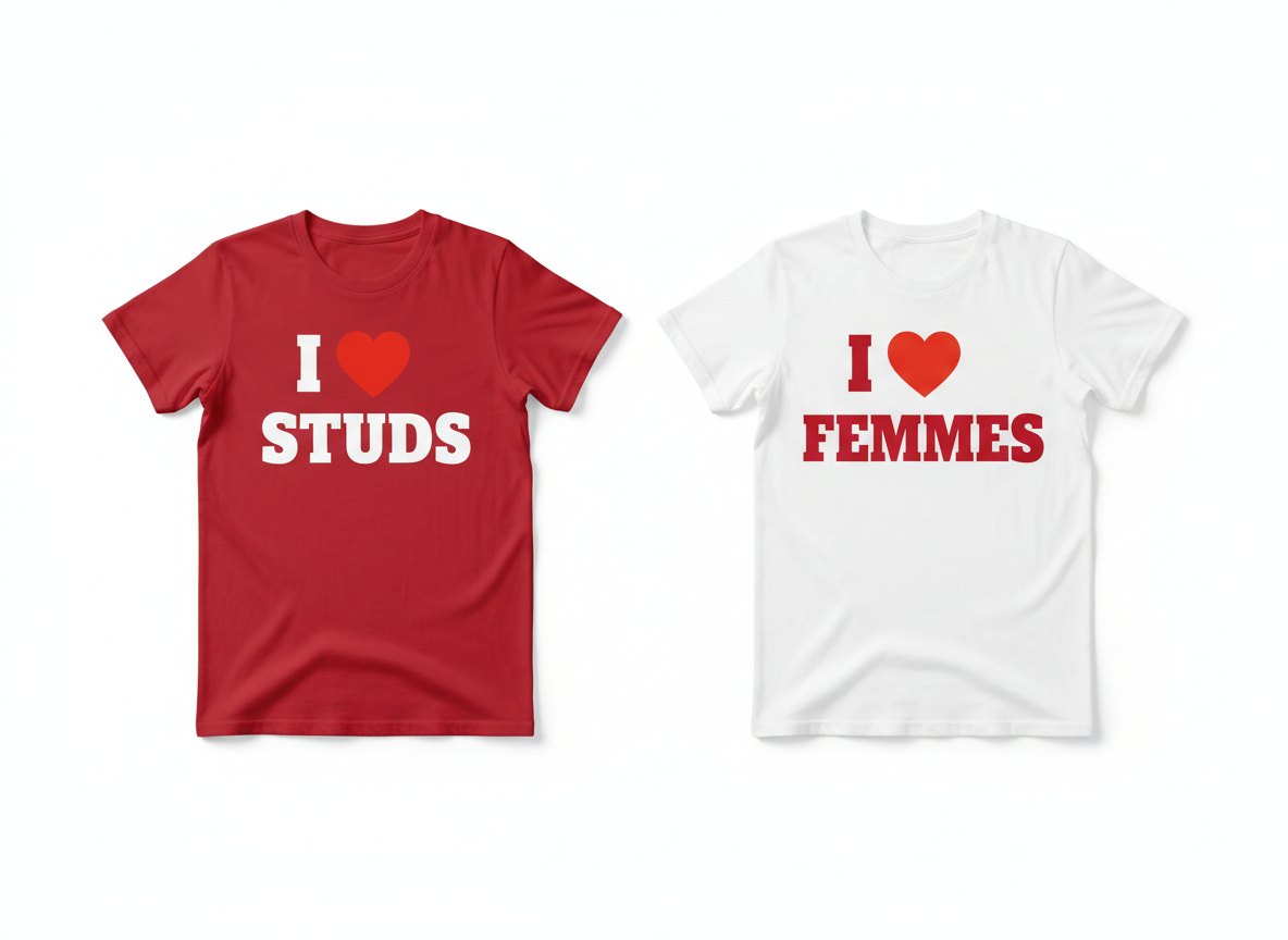 A red t-shirt with I Love Studs in white and a white t-shirt with I Love Femmes in red, side by side