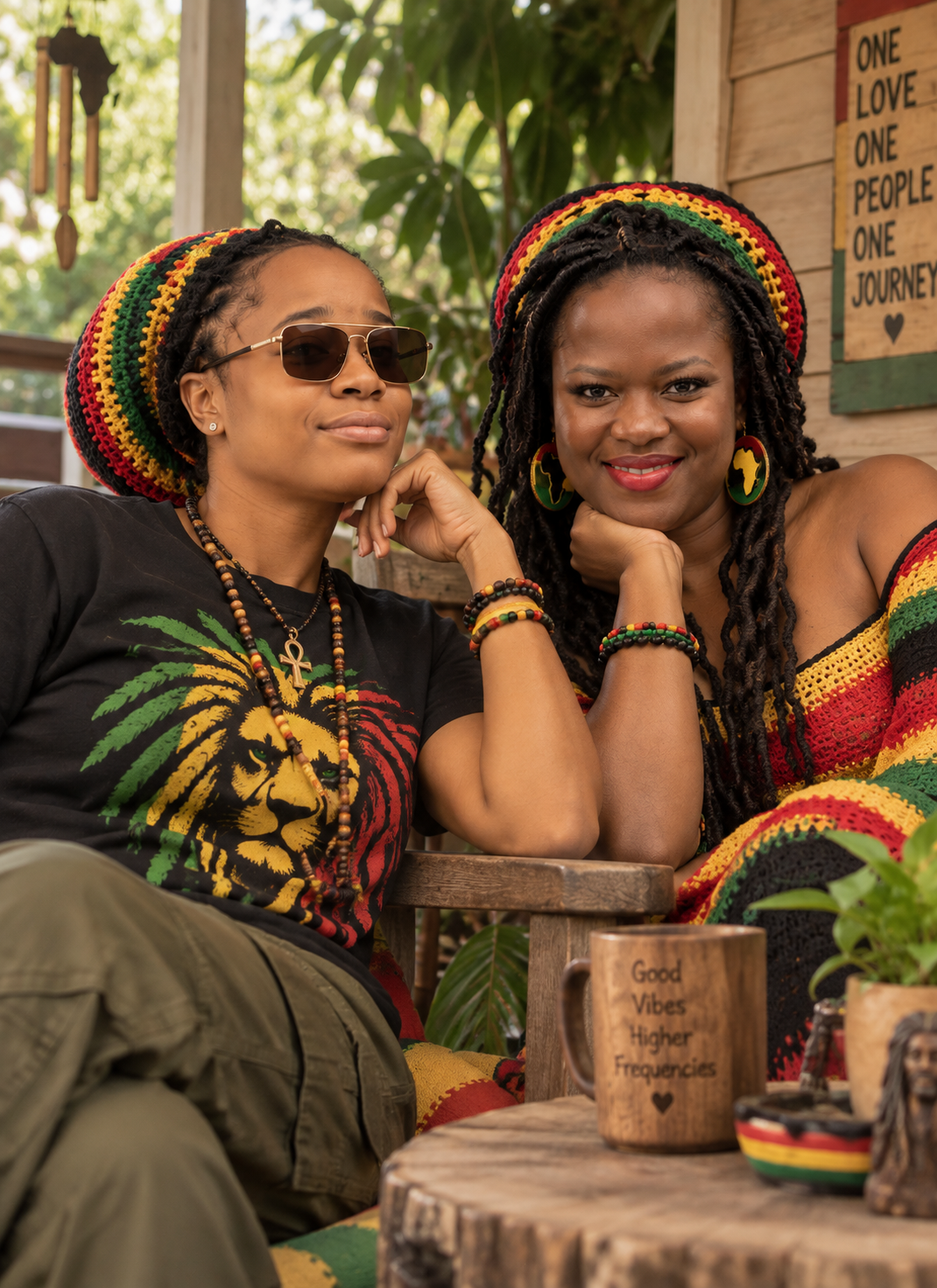 Two Black women with long dreadlocks smiling on a tropical beach, portrait from the chest up