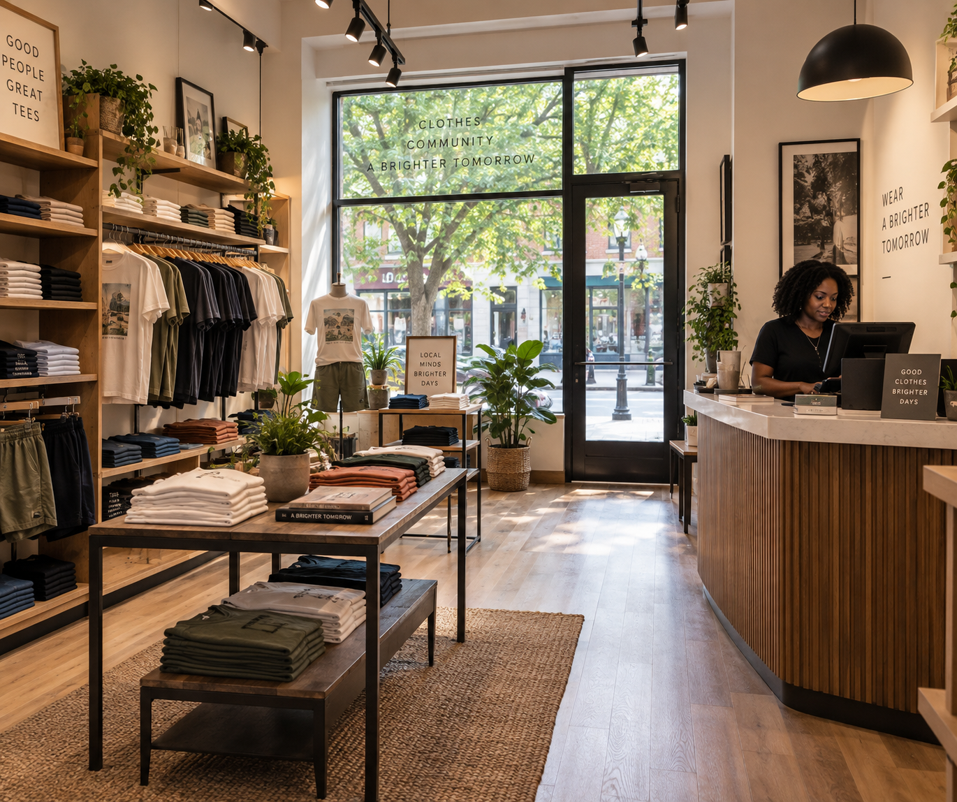 A warm clothing store with wooden shelves of folded t-shirts and racks with shirts on hangers
